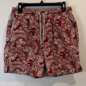 Red Koi-Print Flat Front Men's Shorts with Drawstring